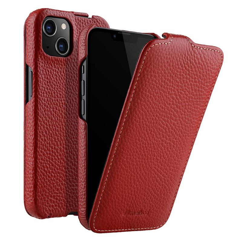 MELKCO For iPhone 14 Plus Litchi Texture Vertical Flip Cover Genuine Cow Leather+PC Phone Case