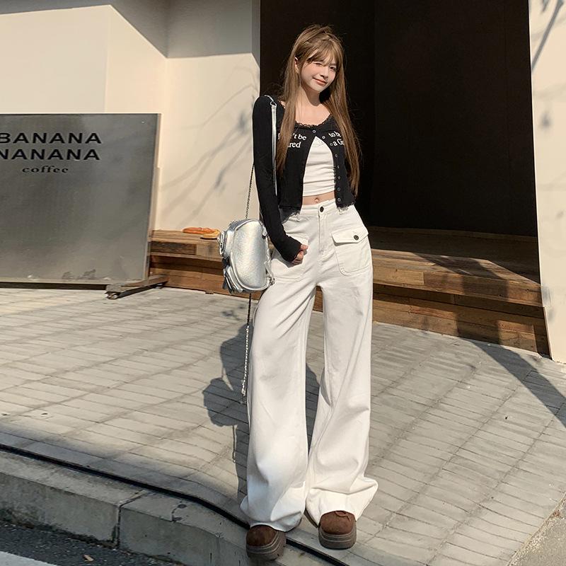 White High-Waisted Wide-Leg Jeans – Women's Autumn/Winter Slimming Loose Casual Workwear Pants