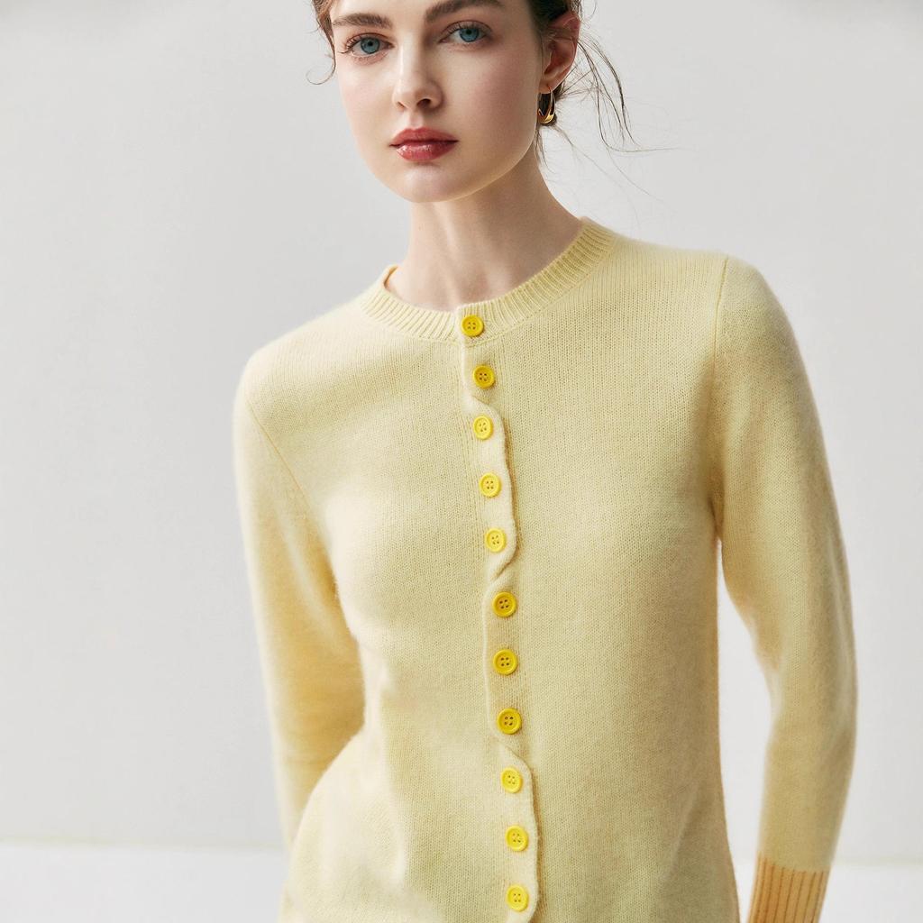 Women's Color Block Cashmere Cardigan - Soft Knit Round Neck Slim Fit Wool Sweater for Autumn/Winter