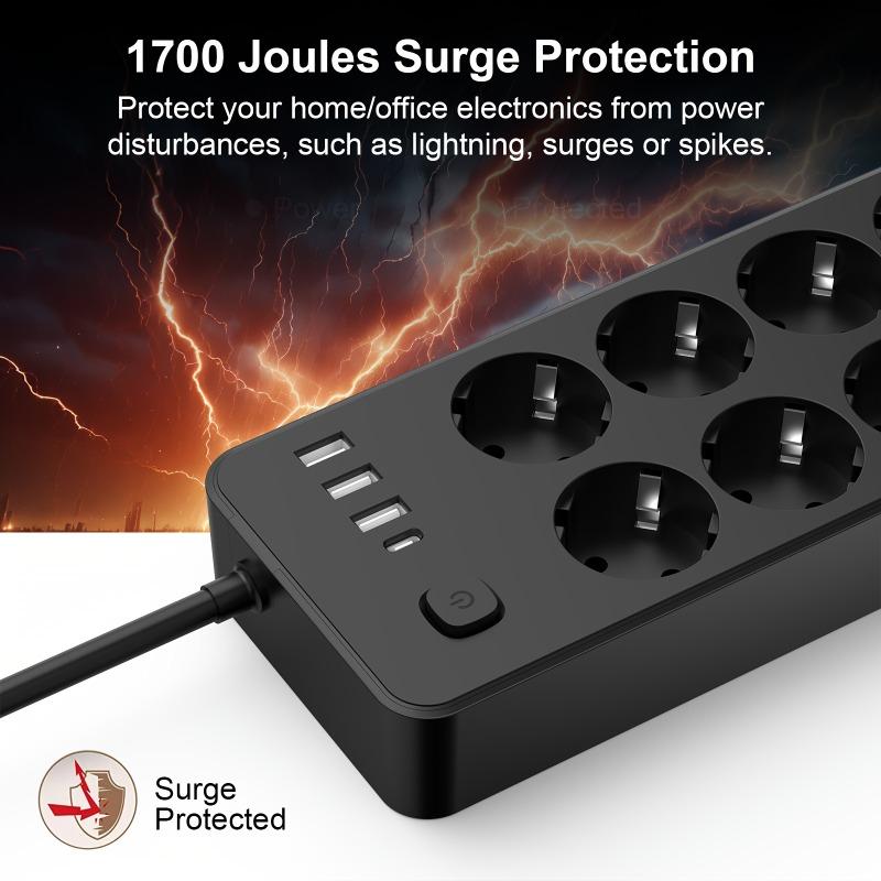 EU Plug AC Outlet Power Strip Multitap Extension Cord Electrical Socket Black Power Board with Surge Protector 2500W