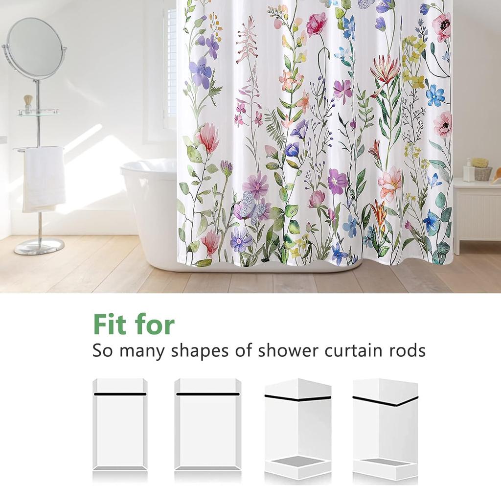 Floral Bathroom Shower Curtain With 12 Hooks, Polyester Fabric Plant Shower Curtain For Bathroom, Machine Washable Quick Dry