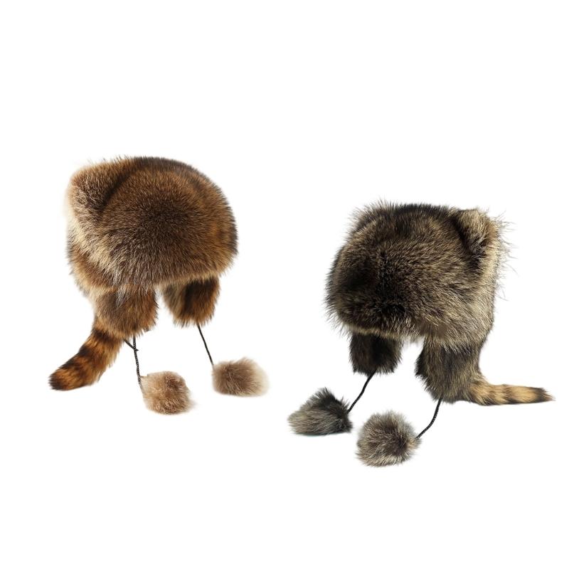 Furry Cartoon Raccoon Hat with Earflap Tail for Halloween Headwear Long Haired Hat Oversized Headgear Hat for Winter