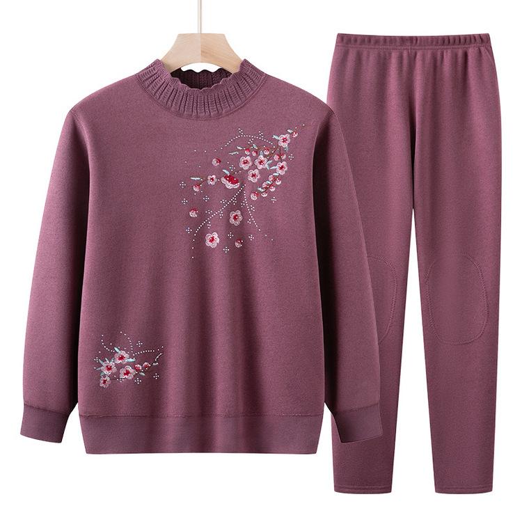 Velvet Thermal Underwear Two-piece Set Mother's Base Thickened Sweater Set for Middle-aged and Elderly People's Autumn and Winter Clothes