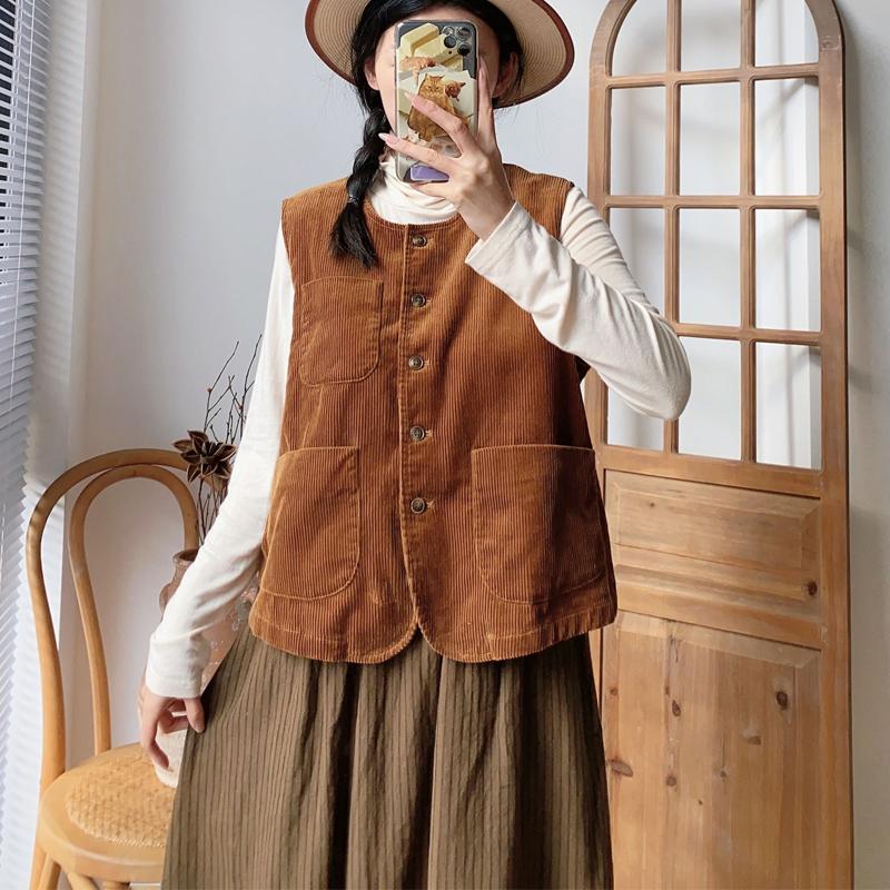 Johnature Spring Japanese Corduroy Sleeveless Vests Casual All Match Solid Color Pockets Women Vests