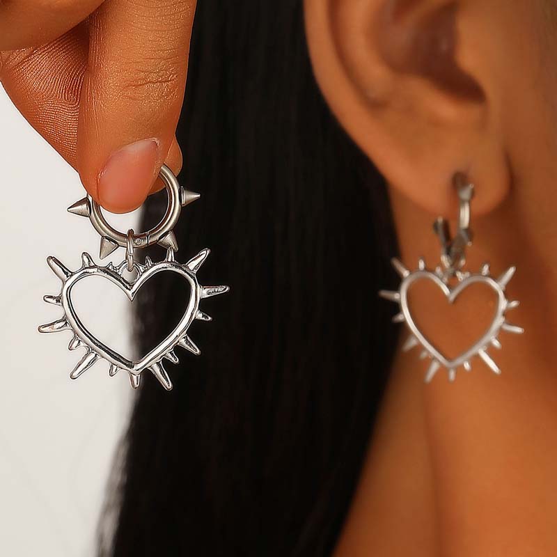 Punk Hip Hop Silber Dornen Herz Creolen für Damen Gothic Rock Kreuz Anhänger Ohrring Grunge Y2K Schmuck Geschenke