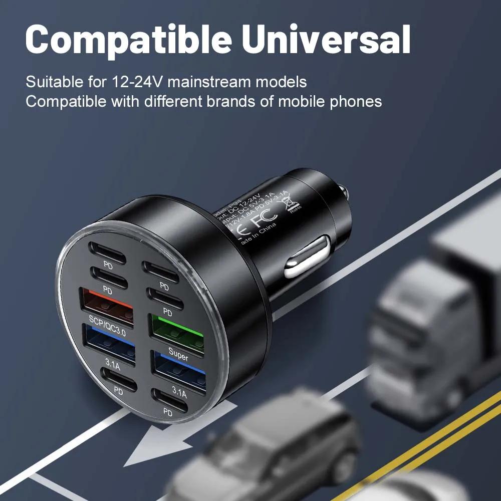 100W 10 portů Nabíječka do auta Rychlé nabíjení PD QC3.0 USB C Nabíječka do auta pro telefon Typ C Adaptér do auta Pro iPhone Samsung Huawei Xiaomi