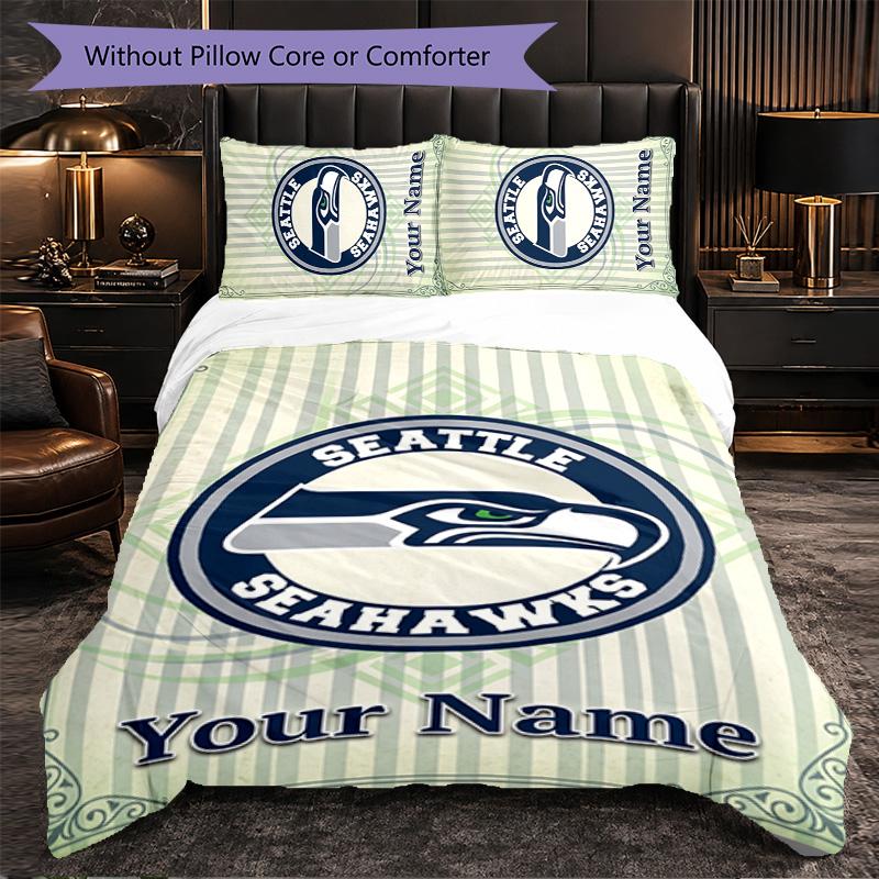 Seattle Seahawks Benutzerdefinierter Name Text Bettwäsche-Set, 1 Bettbezug & 2 Kissenbezüge Personalisierte Schlafzimmer-Geschenk