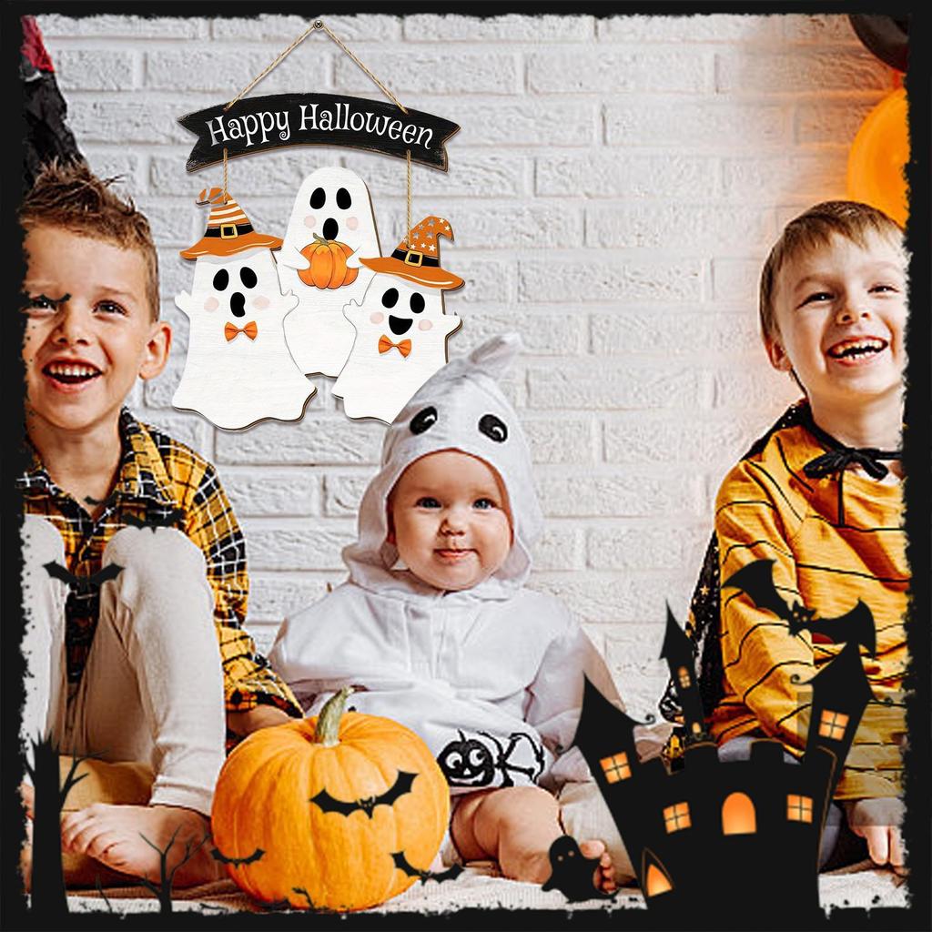 Halloween Wooden Door Sign Door Hanger Ghost Sign Hangable Decoration For Indoor Outdoor Wall Entrance Porch Living Room
