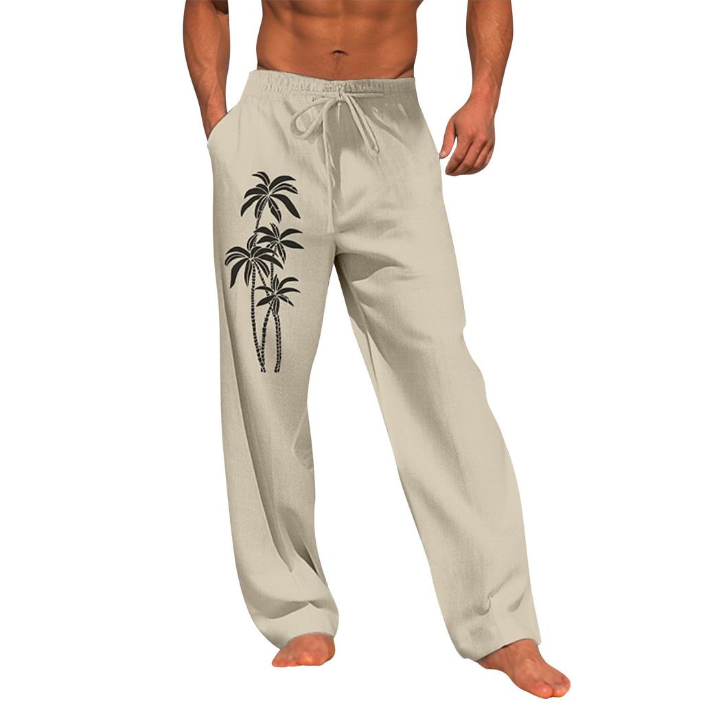 Men's Casual Loose And Comfortable Casual Pants Cotton Linen Printed Drawstring Trousers