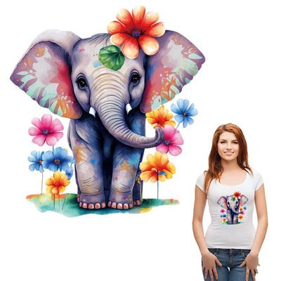 Elephant With Flowers Iron On Patches Clothes Stickers Diy Hoodies Parches Ropa Heat Press Appliqued T-Shirt Animal Patch Hot