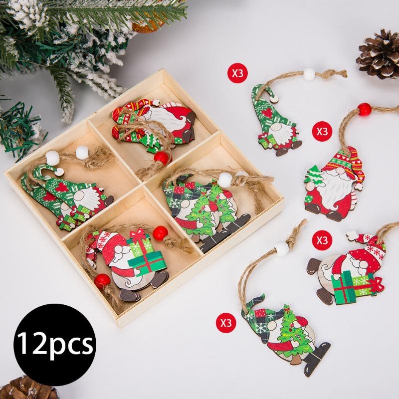 12pcs/set Wooden Christmas Tree Ornaments Handmade Hanging Xmas Decorations Eco-Friendly Holiday Party Gifts for Home Decor
