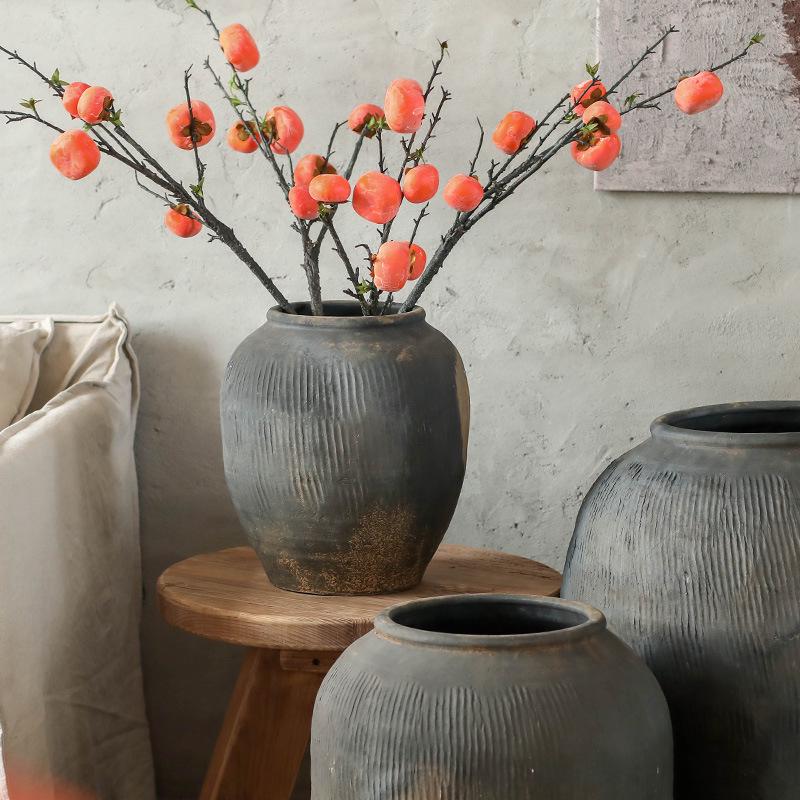 Wabi-Sabi Style Large Grey Ceramic Vase for Living Room Decor