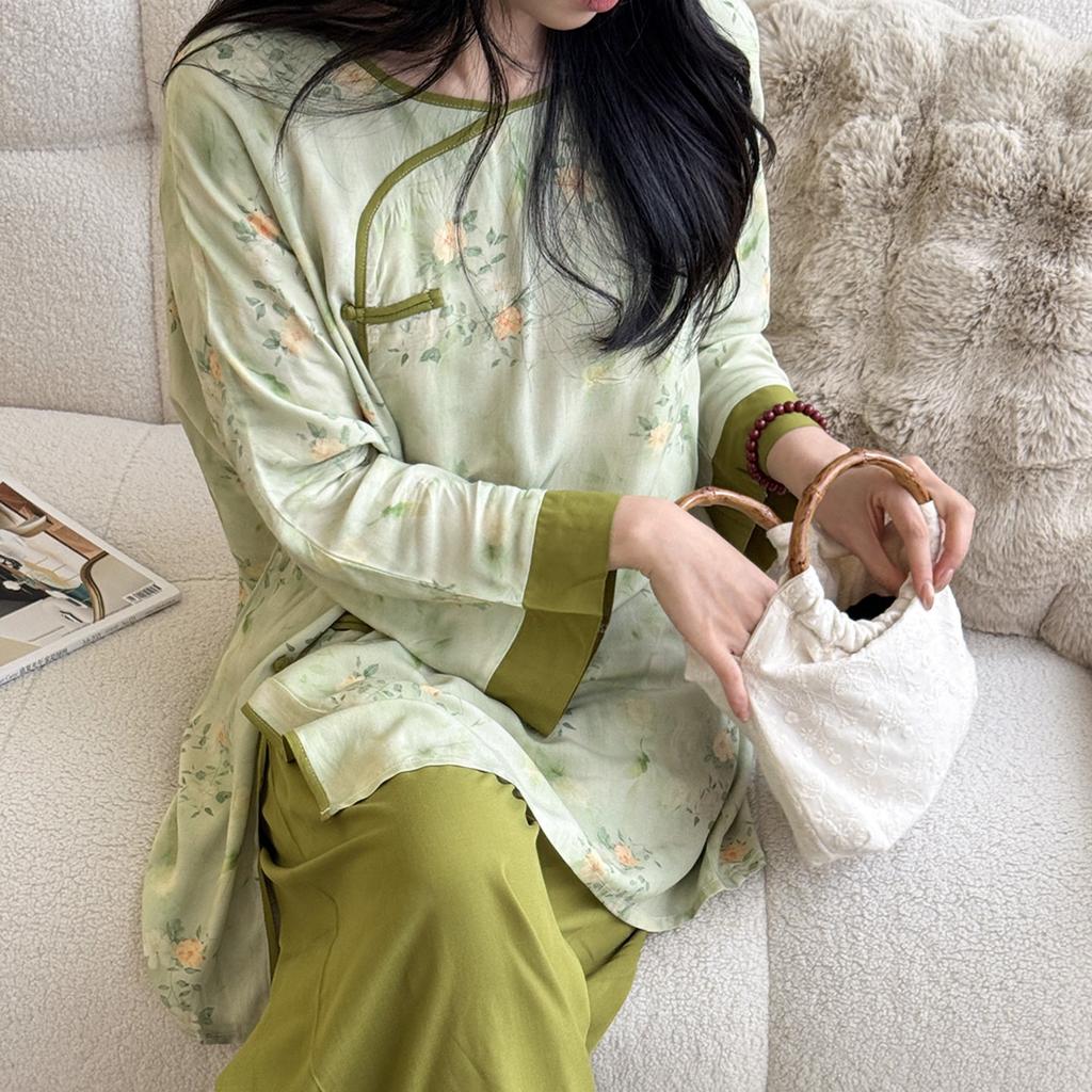 Spring/Summer new cotton silk new Chinese floral print pajamas, women's frog button loungewear, cotton silk set, vintage national style