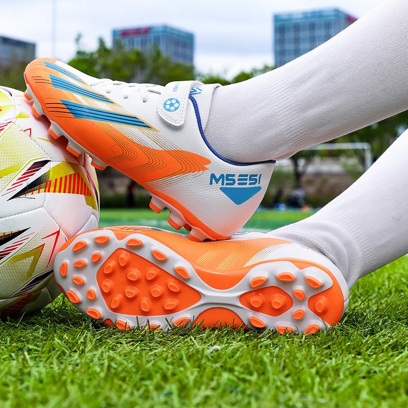 Children's Football Shoes Four Seasons Leather Velcro Wear-resistant Kick-resistant Long Spike Running Shoes