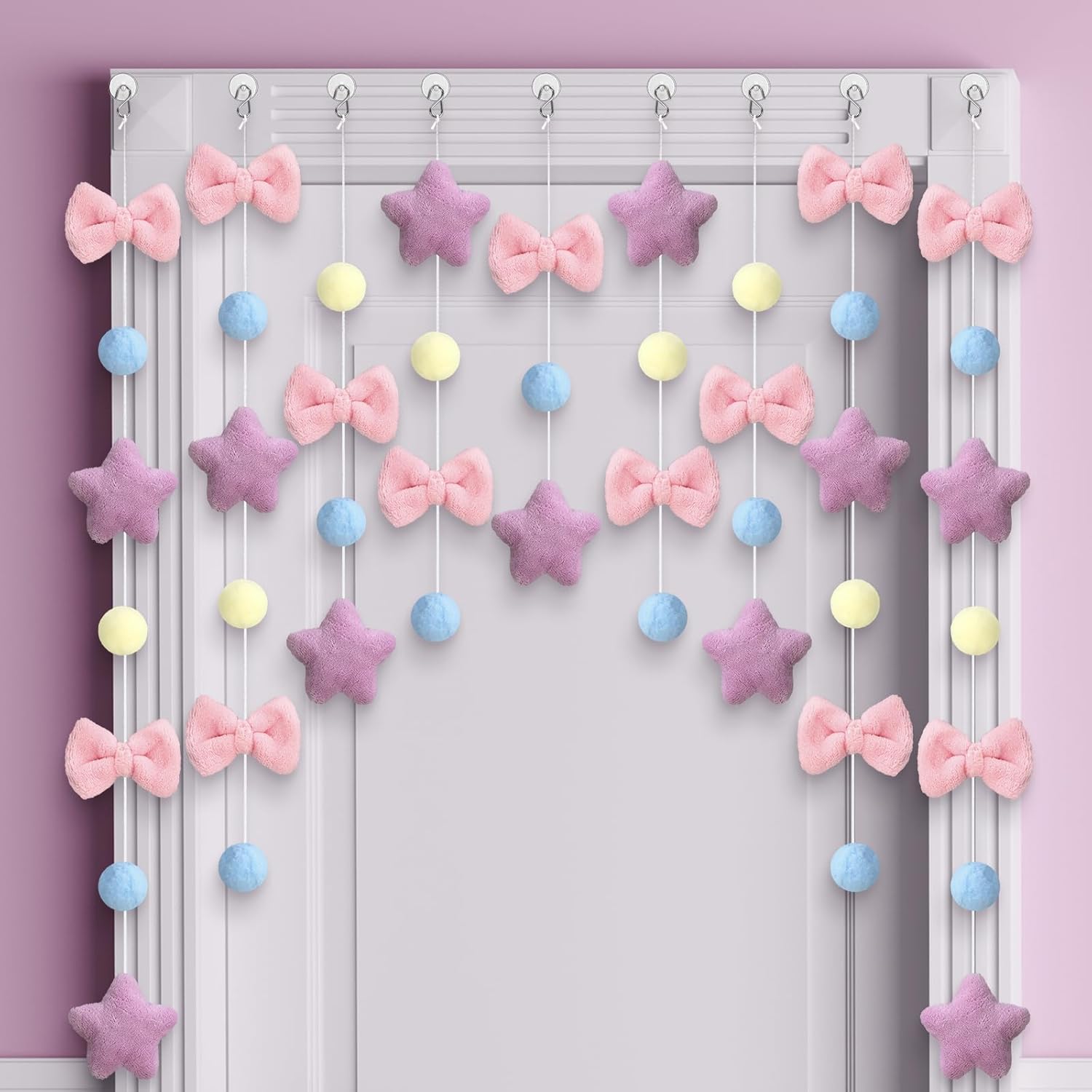 

Милая плюшевая розовая занавеска на дверь с бантом Kawaii Cutecore Декор комнаты 33 Д x 35 Ш Пушистая занавеска-гирлянда с бантом, фиолетовой звездой и пентаграммой для женской спальни, двери