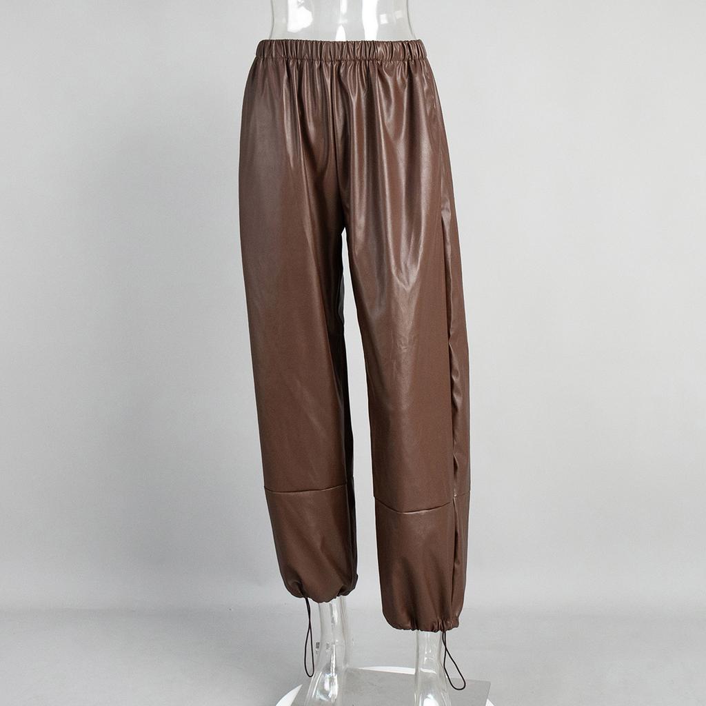Schwarze Weite Hosen mit Knöchelmanschette Hohe Taille Elastische Taille PU-Lederhosen