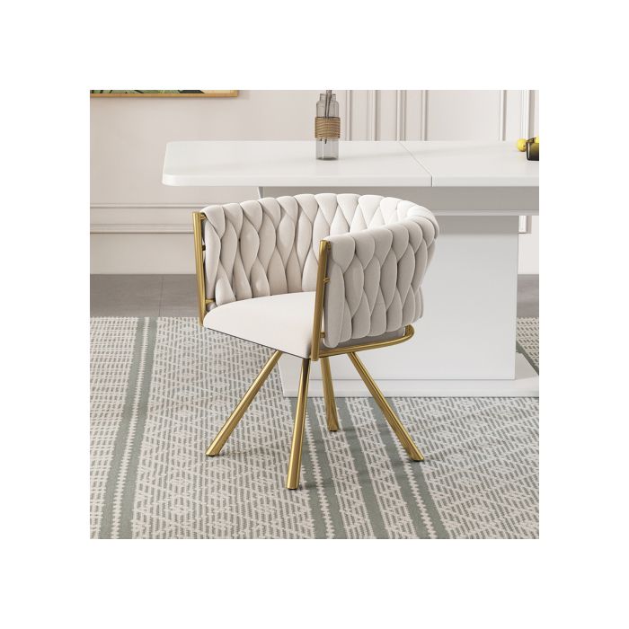 Luxueux et lumineux fauteuil pivotant simple, fauteuil pivotant de salon avec quatre pieds en métal, couleurs beige et or