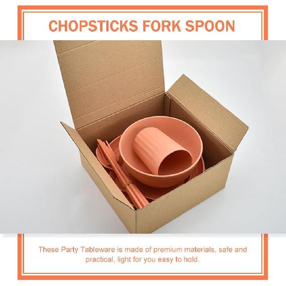 Luxshiny Wheat Straw Dinnerware Sets, 8 Pcs Unbreakable Plates, Bowls, Cups Sets Home Parties Travel Camping Cutlery Set Reusable Dishware Sets