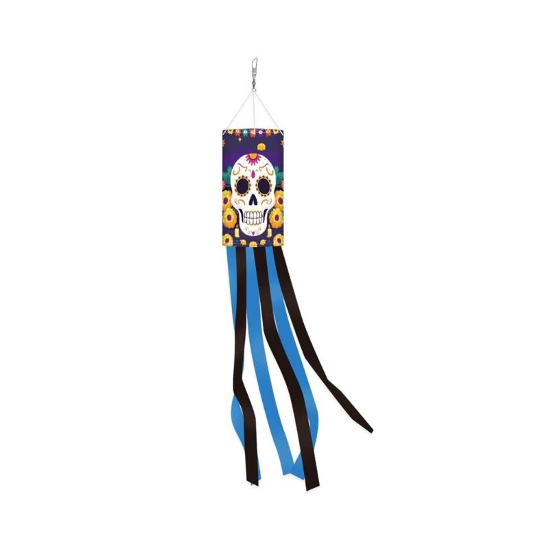 Polyester Skull Windsock Halloween Hanging Decoration with Long Ribbons for Fence Porch, Yard, Garden, or Halloween Party Entry