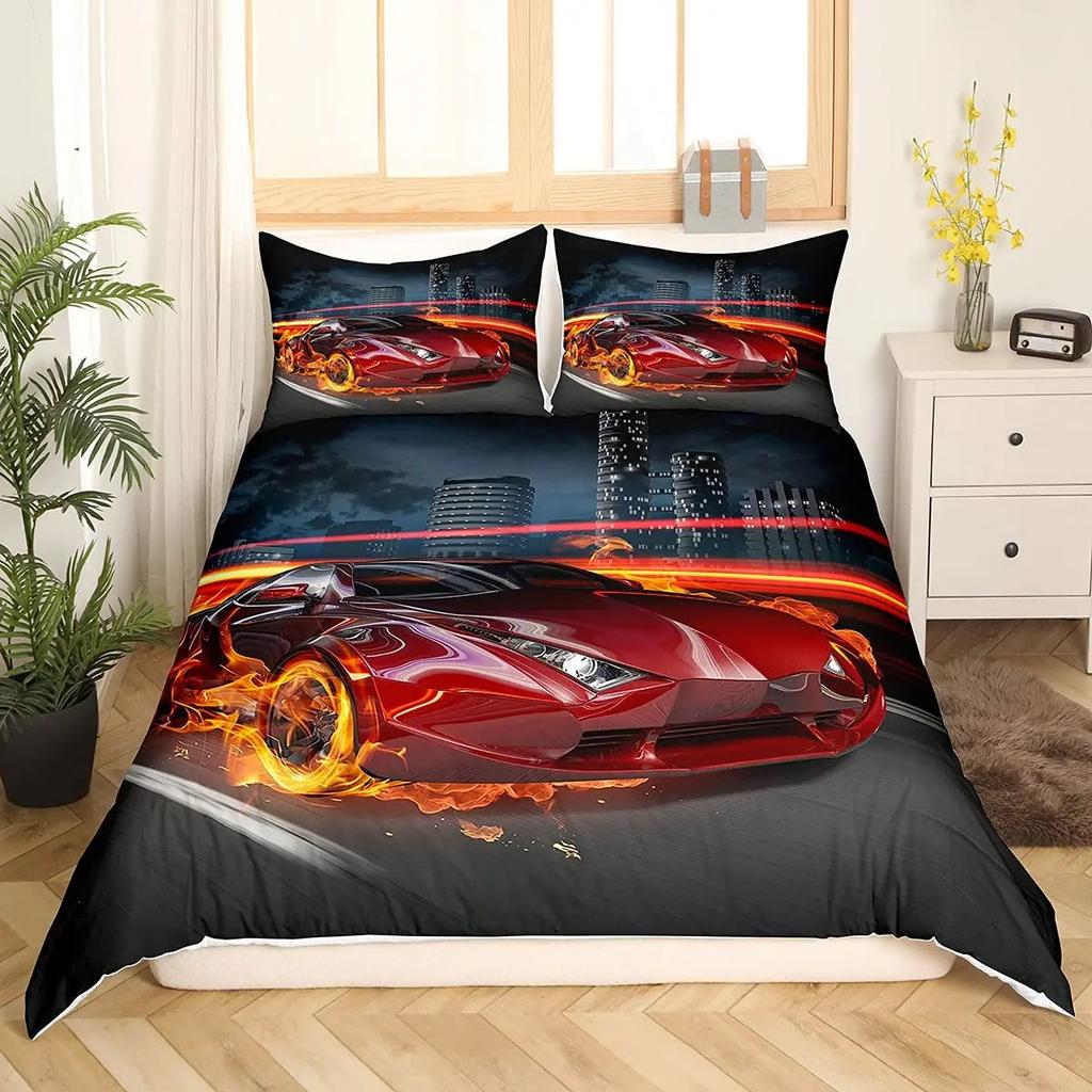 3D Rennsport Daunendecken-Set Groß Jungen Schlafzimmer Steppdecken-Set Dreiteiliges Set