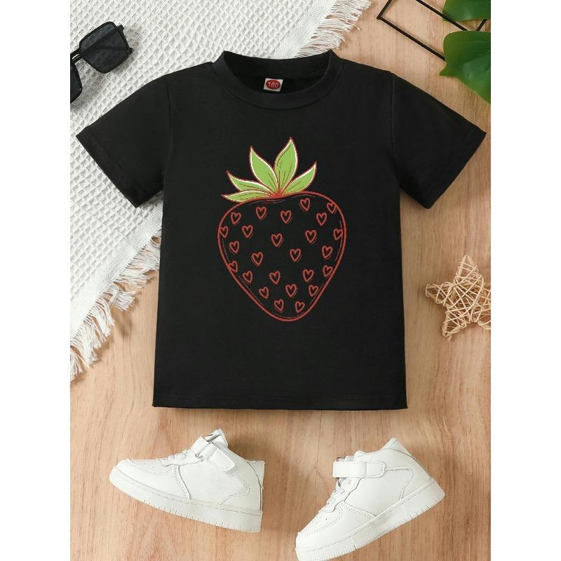 

European sizes Cute Line Drawing Strawberry Print, Girls Summer Short-sleeved T-shirt, Round Neck Casual Top, Suitable for Sports and Travel. 98cm чёрный