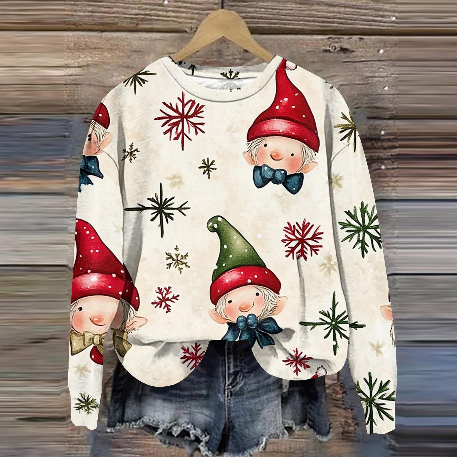 Женская мода круглый вырез пуловер длинный рукав футболка рождественский принт топ M — фото 5