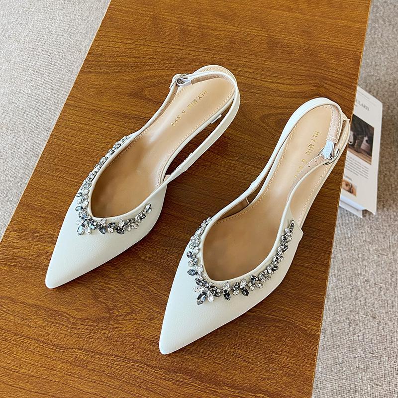 

693-5 Красивые сандалии с пустым носком на шпильке с заостренной задней частью из стразов 2025 новая летняя сексуальная обувь на шпильке с одним ремешком 39 абрикосовый