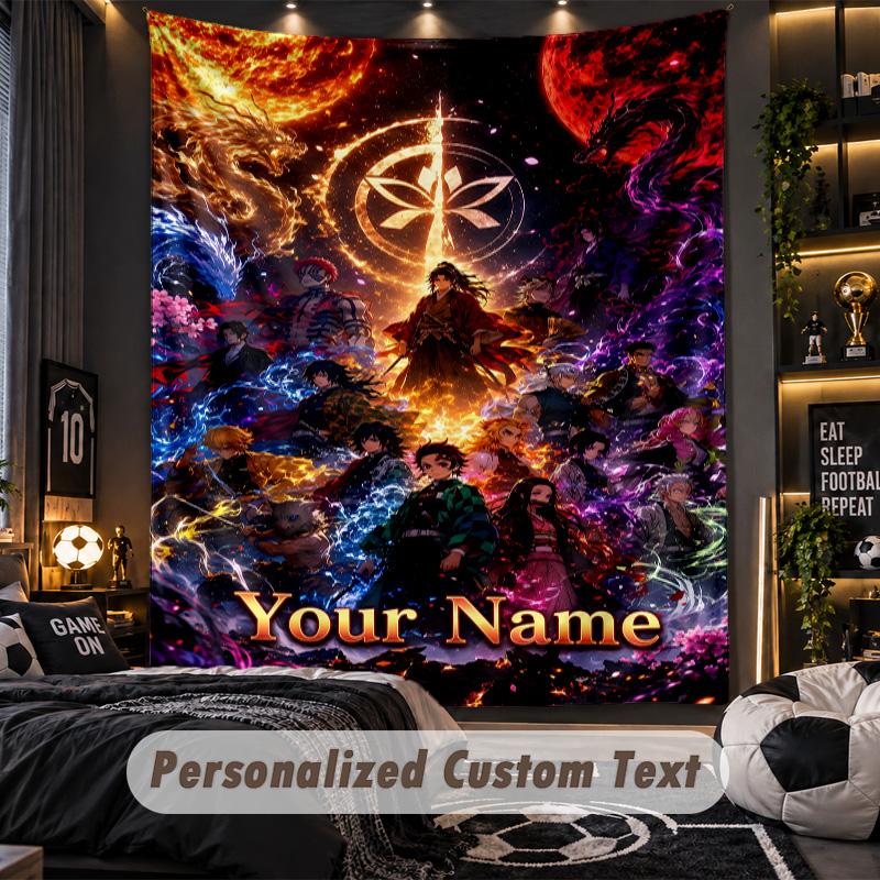 Personalized Wall Tapestry,Demon Slayer Custom Printed Name, Fabric Wall Art For Indoor Room Backdrop