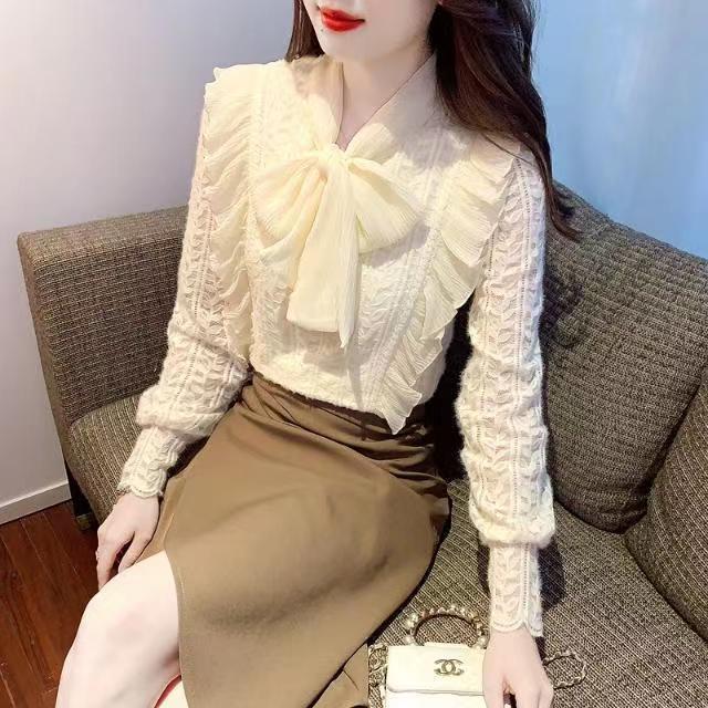 

Утепленная и утолщенная женская корейская версия кружевной рубашки с длинными рукавами, модная внутренняя рубашка Yangqi с V-образным вырезом 2XL