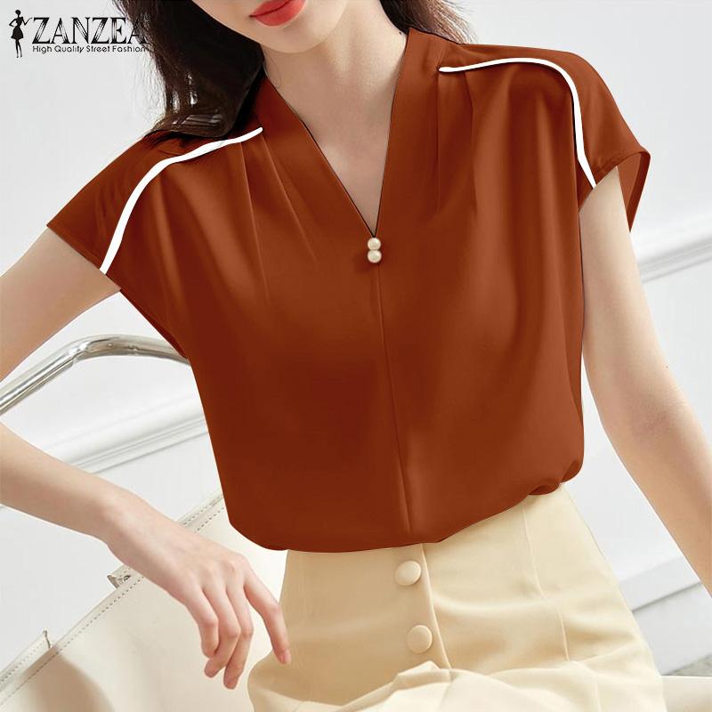

ZANZEA женский летний плиссированный однотонный свободный топ с v-образным вырезом и короткими рукавами