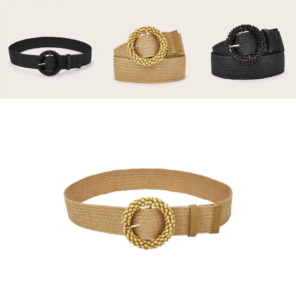 Simple Solid Color Bead Ring Buckle Decoration Women Casual Woven Belt For Boho Dresses