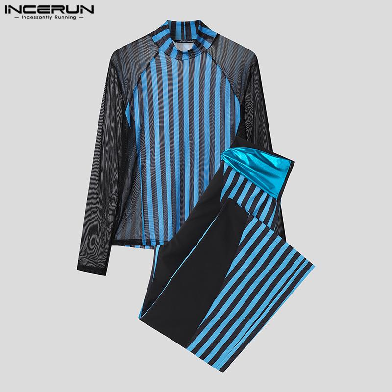 INCERUN Two-piece Men Long Sleeve Striped Mesh Sheer Crop Tops Bow Elastic Waist Pants Sets