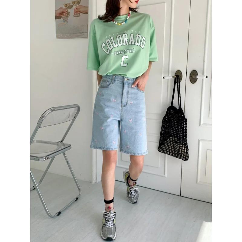 Fashion Retro Bow Large Size Loose Denim Shorts Women Casual Vintage Summer Wide Leg Pant Female Button High Waist Short Streetwear Jeans