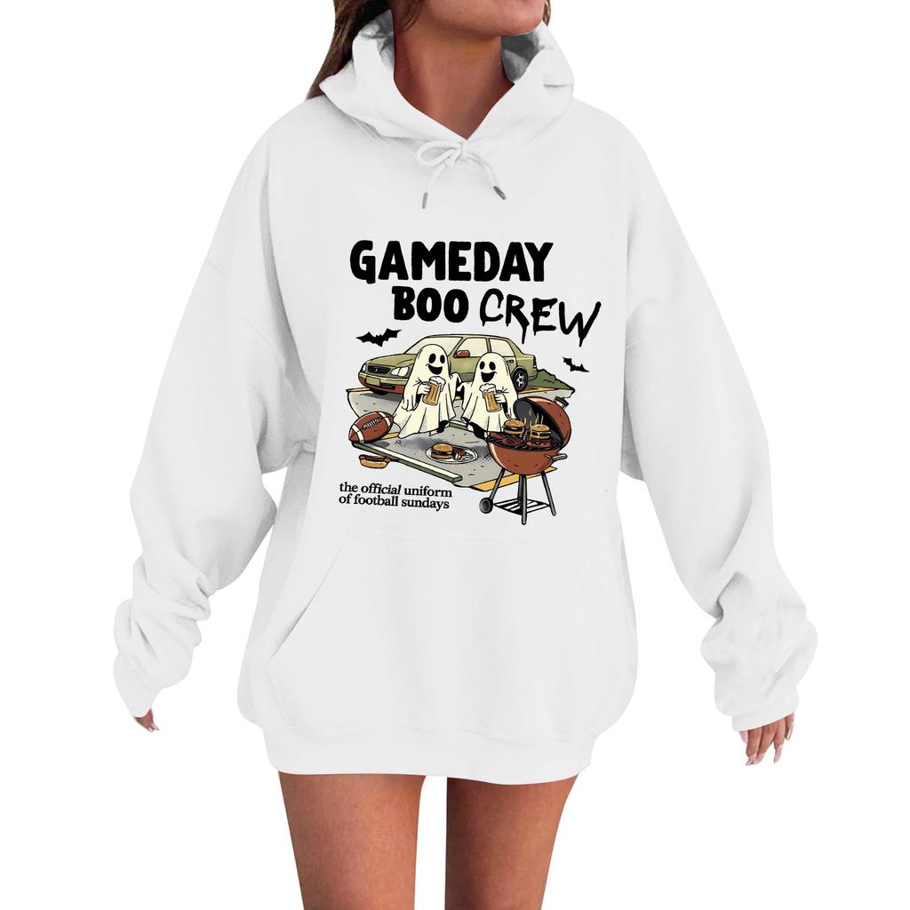 Women's Casual Fashion Comfortable Round Neck Gameday Boocrew Halloween Print Hooded Sweatshirt