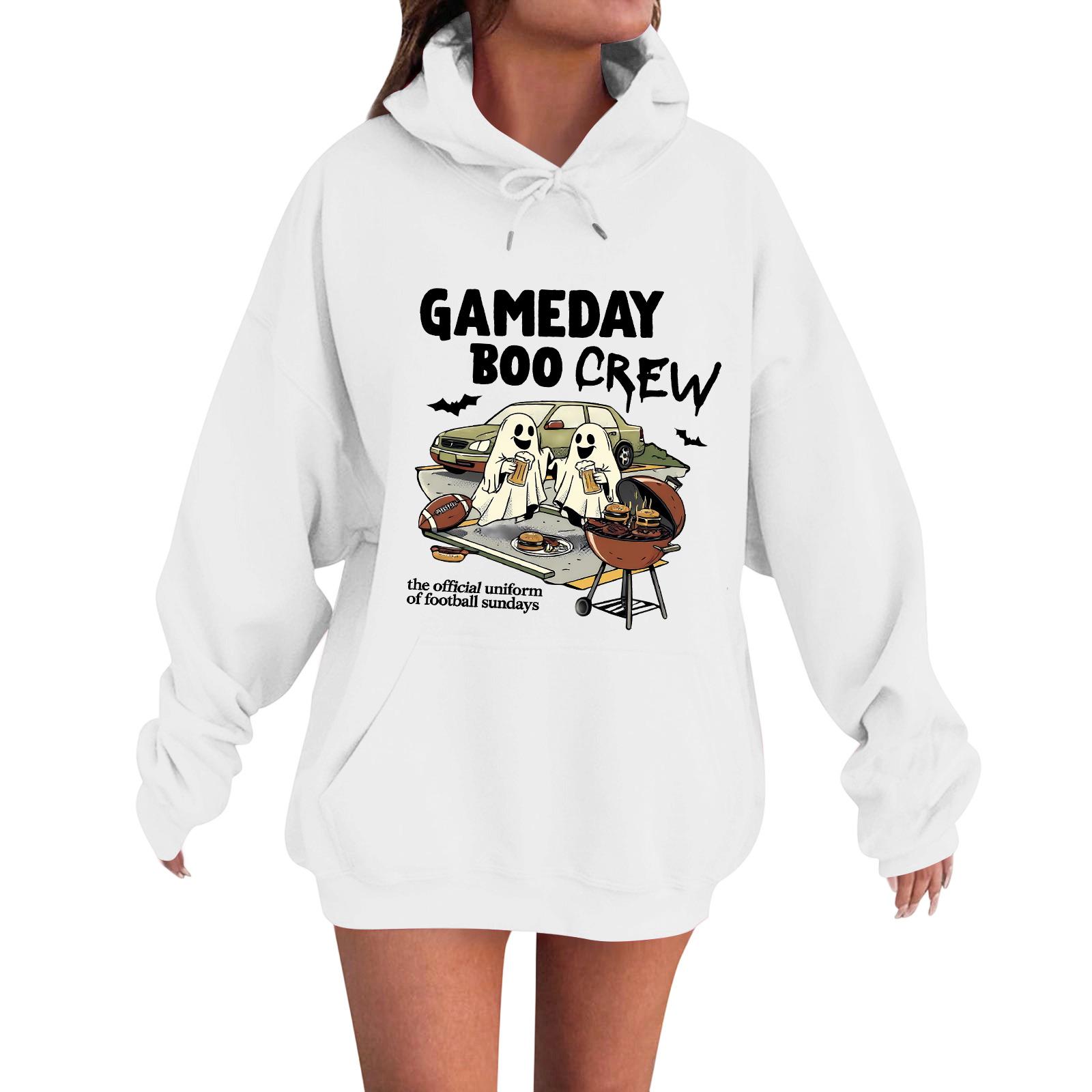 

Women s Casual Fashion Comfortable Round Neck Gameday Boocrew Halloween Print Hooded Sweatshirt XXL белый