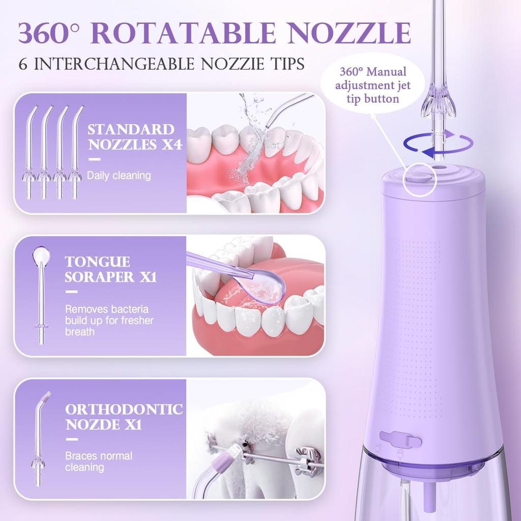 350mL/12oz Water Flosser with 3 Modes 6 Jet Tips,Dental Oral Irrigator USB Rechargeable Cordless Water Dental Picks for Teeth Cleaning,IPX7