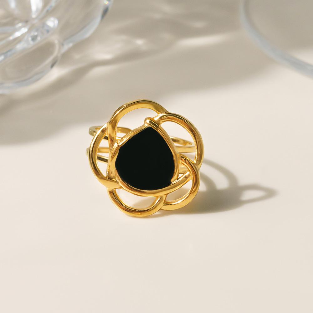 European & American Fashion Stainless Steel Flower Ring, 18k Gold-Plated Open Adjustable Jewelry