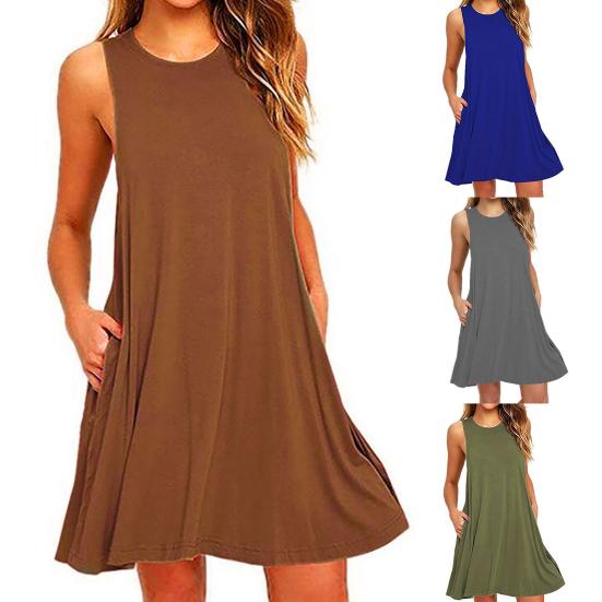Women Dress Sleeveless Round Neck Cloth Simple Solid Color Midi Dress for Summer