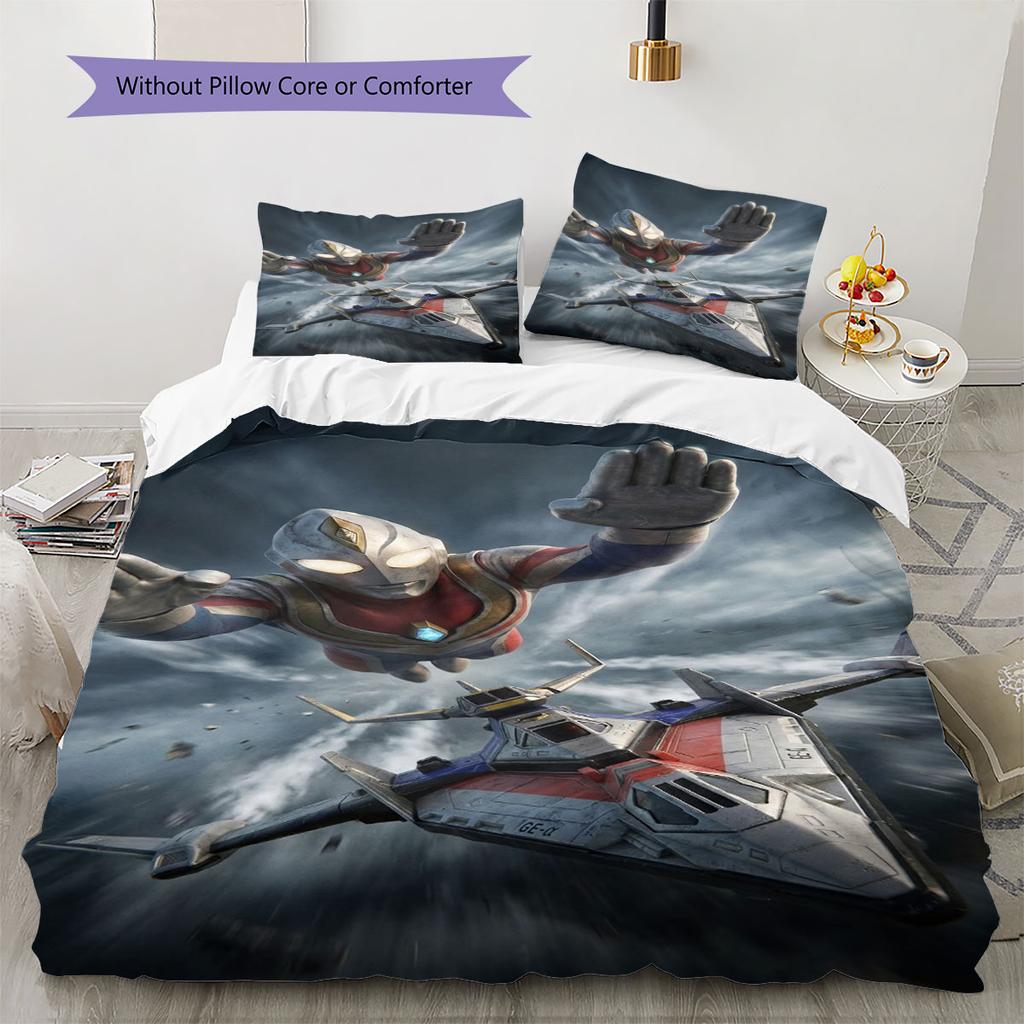 Three-piece cartoon Ultraman Tiga printed bedding set,(1*Duvet Cover + 2*Pillowcase, Without Core) suitable for bedroom use.