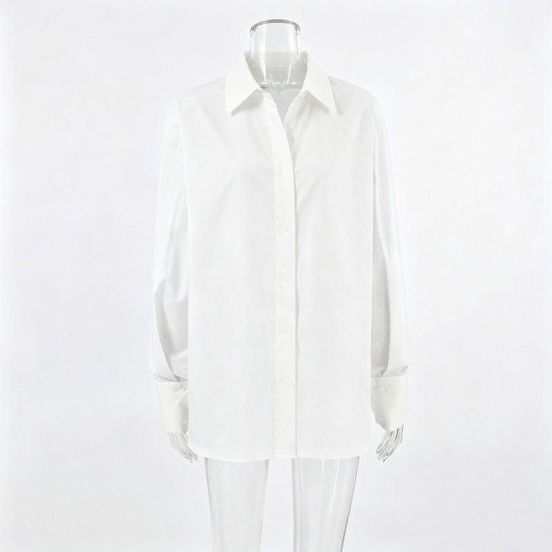 Womens Loose Fit Cotton Button-Down Shirt White Casual Office Blouse 2026
