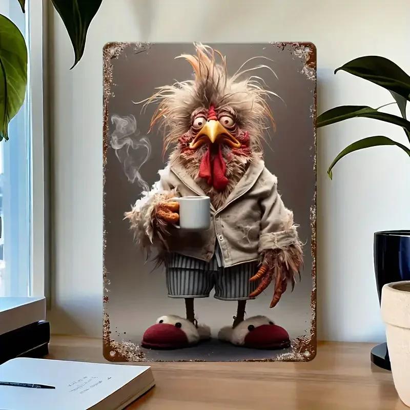 Kreative Geschenke Wanddeko Stil Huhn mit Kaffee Schrullig für Küche Vorgebohrte Löcher Blech Fra Metallschild Metallplakette