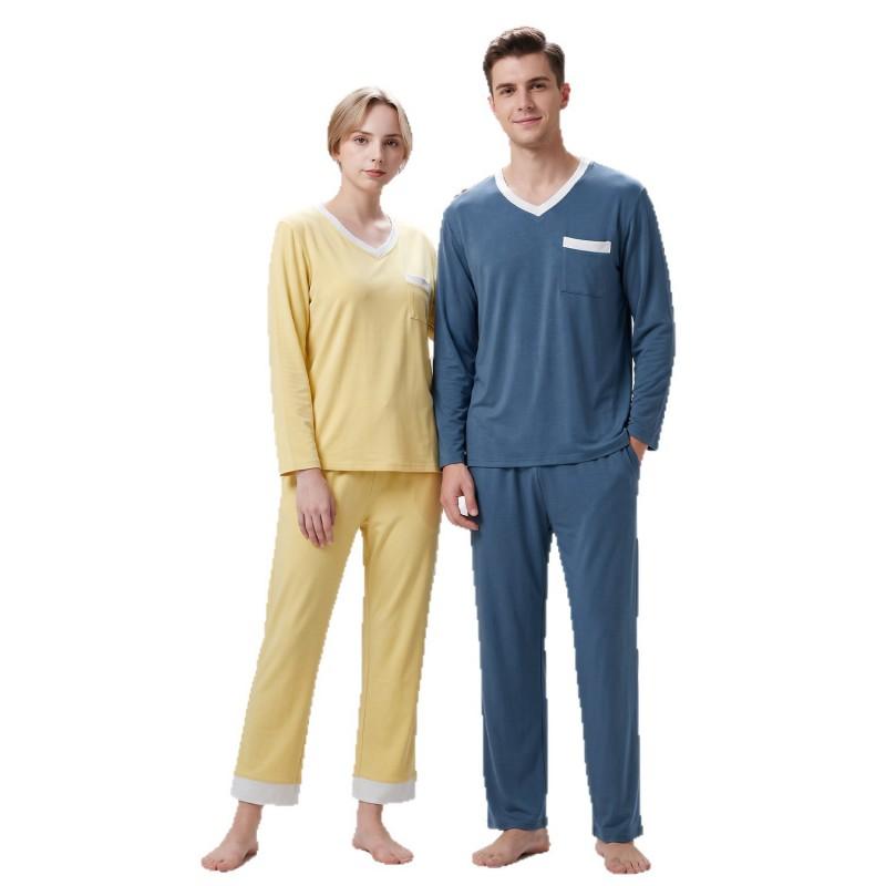 Couple Thermal Pajama Set V-Neck Long Sleeve Pants Warm Home Loungewear Men Women