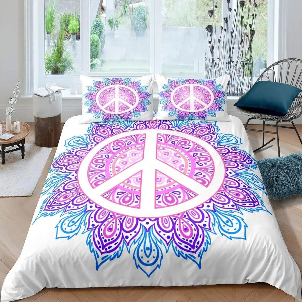 Peace Symbol Duvet Cover Set for Kids Boys Girls,Happiness World Bedding Set 3 Pcs,Queen Size,Green Brown Red Soft Bedroom Decor