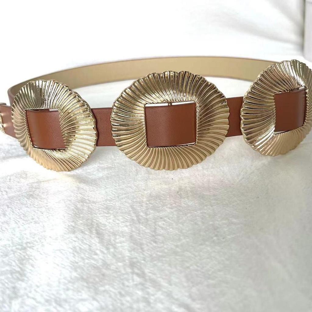 European & American Retro Ladies' Shell-Pattern PU Belt with Three Decorative Buckles