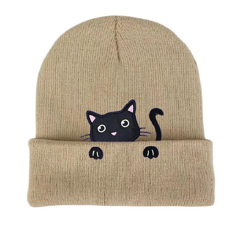 Winter Female Cat Embroidered Bonnets Cute Cat Acrylic Knitted Hats Soft Warm Beanies For Women Men