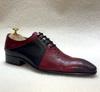 Fashion Luxury Men's Genuine Leather Dress Shoes Black Red Pointed Cap Toe Formal Oxford Lace-Up Party Wedding Footwear