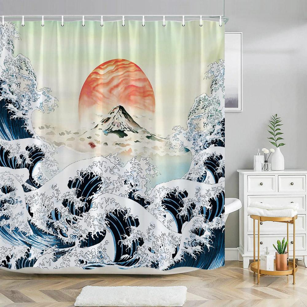 Chinese Landscape Landscape painting Shower Curtain Ink Painting Landscape Polyester Fabric Washable Bath Curtain Bathroom Decor