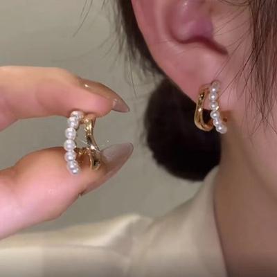 1 Pair Stud Earrings Double Layer Faux Pearl Jewelry Korean Style Hoop