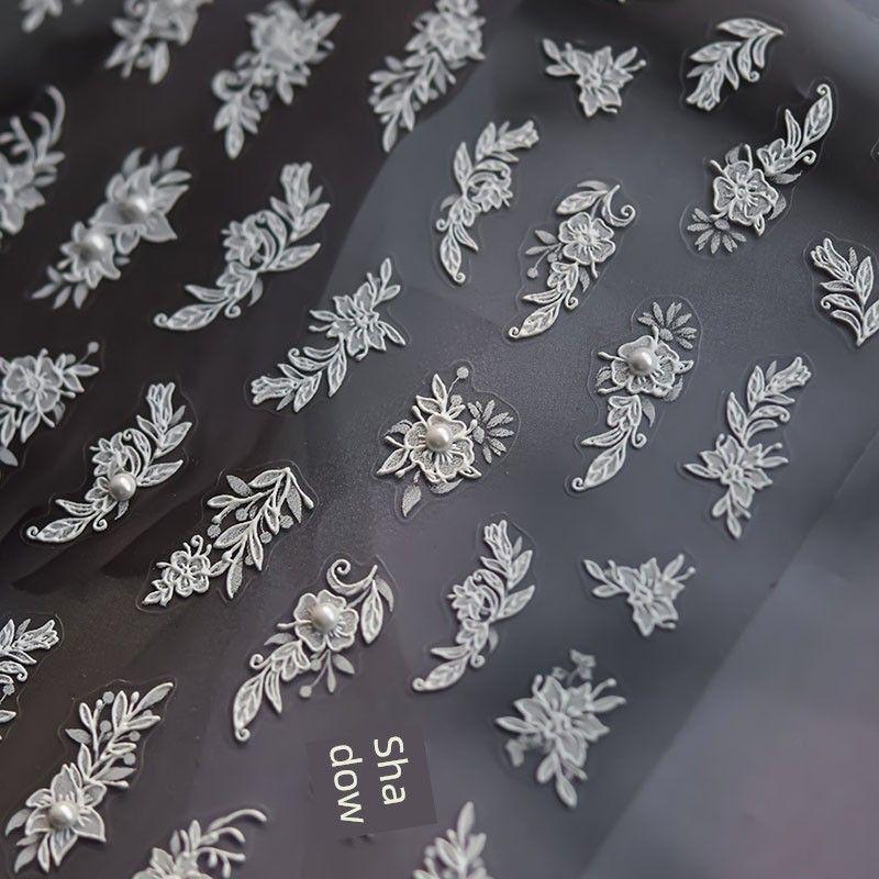 

Pearl White Lace Flower Nail Art Sticker Tomoni Embossed 5D Japanese Style Bouquet Nail Sticker Decorations Blooming 4069