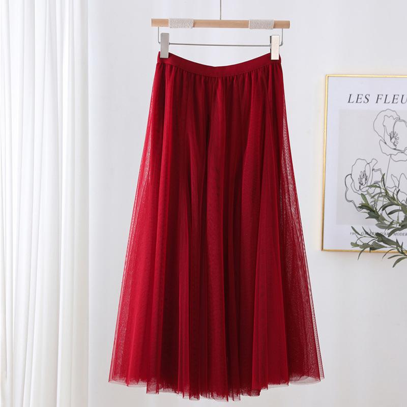 Qooth Women's Slim Skirt Mid Length Gauze Skirt Summer Simple Casual Skirt Fashion Full Dance Skirt QT2588